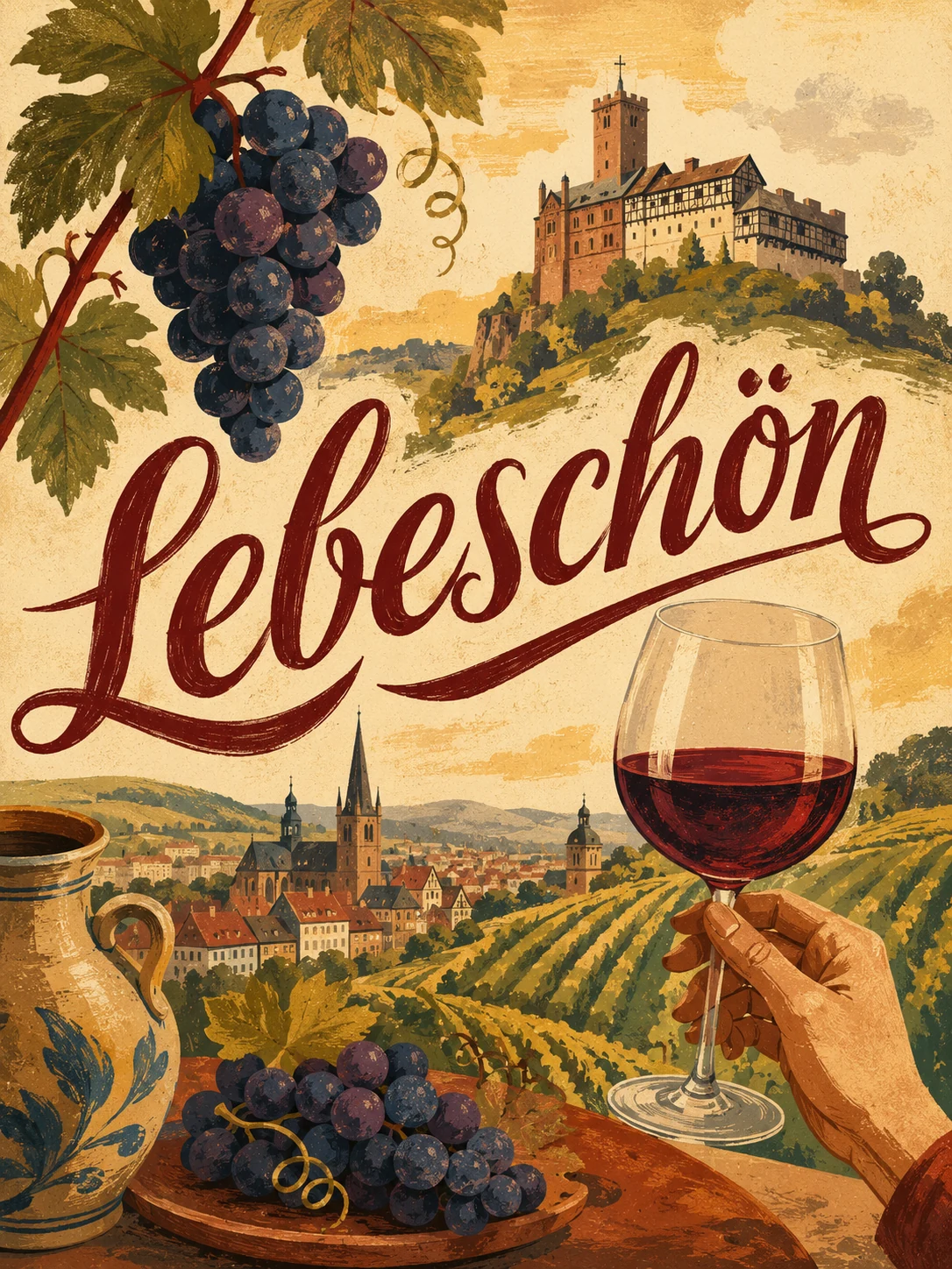 Illustriertes Konzept-Plakat: Lebeschön — Weinbar in Eisenach, mit Wartburg, Weinberg und einem Glas Rotwein