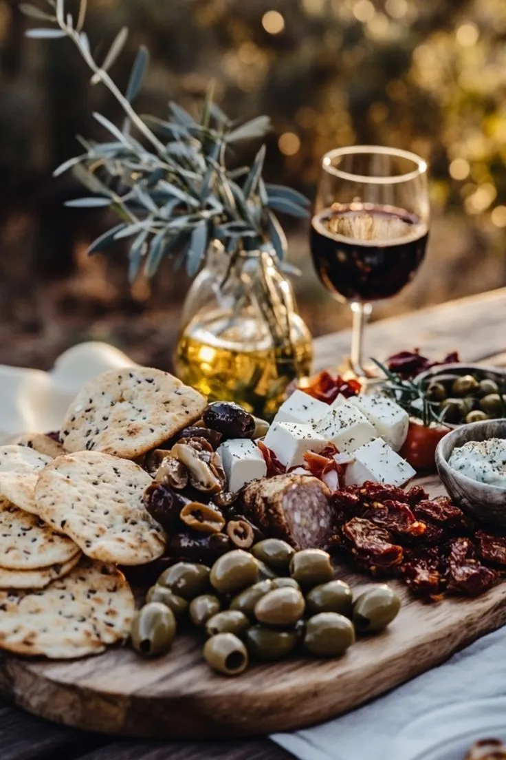 Großzügiges Charcuterie-Brett mit Oliven, Käse und einem Glas Rotwein